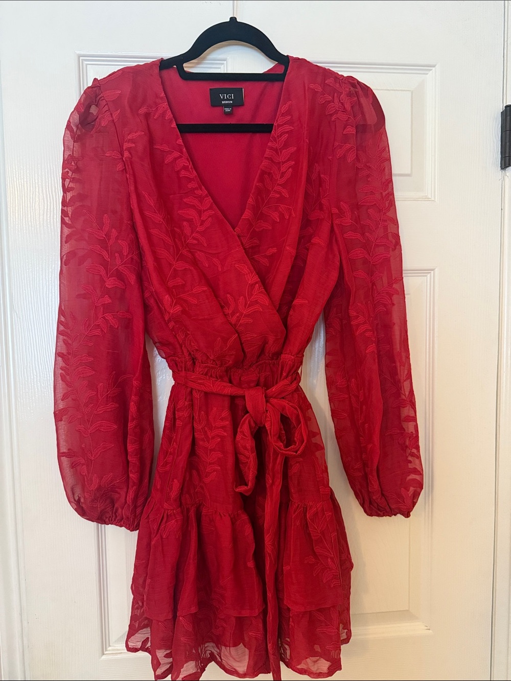 VICI Red Floral-Embossed Wrap Mini Dress with Tie Waist
